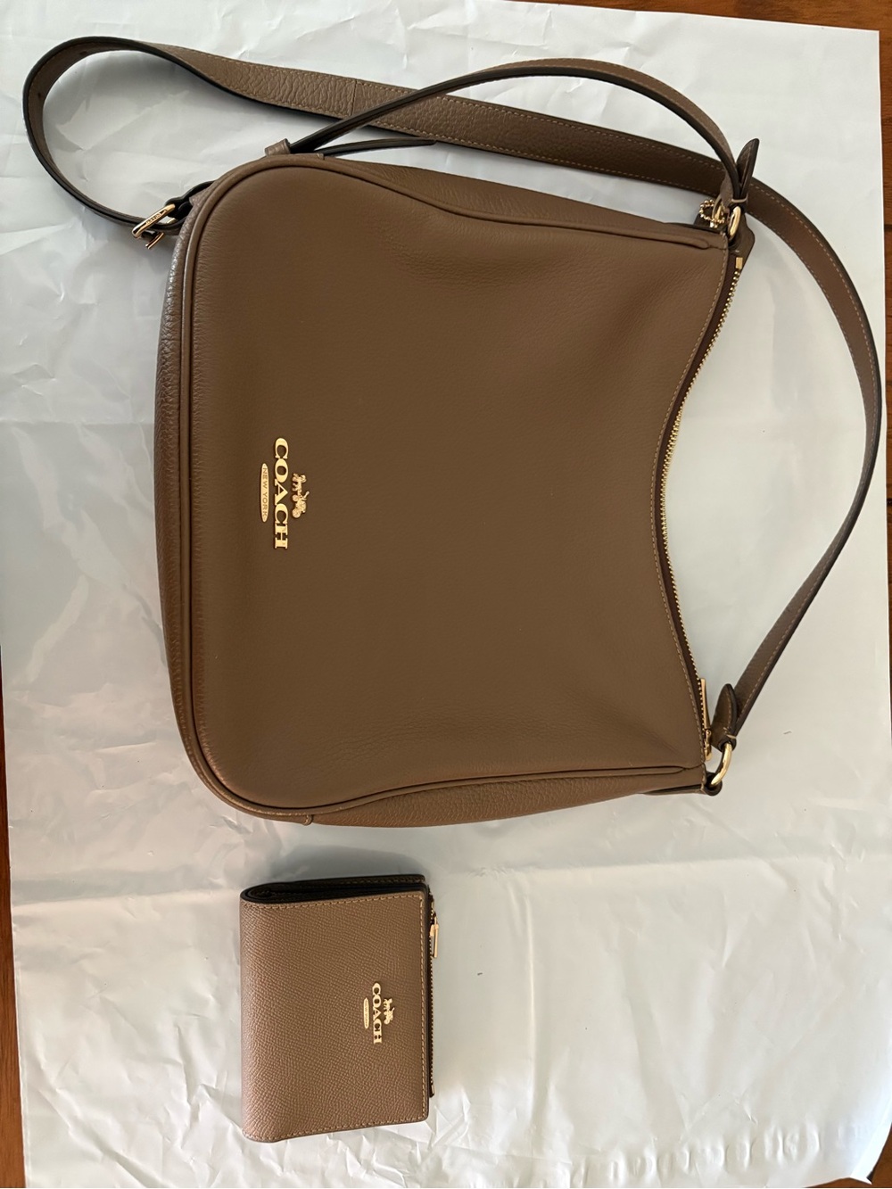 COACH Pebble Leather Shoulder Bag and Wallet in Taupe Brown
